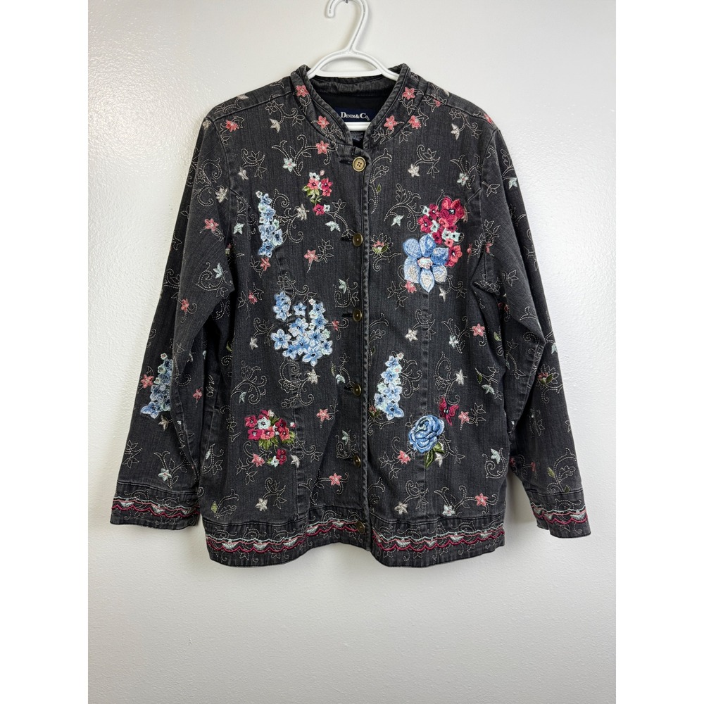 Denim & Co Floral Embroidered Denim Chore Coat Jacket Black Size Large - Picture 2 of 9